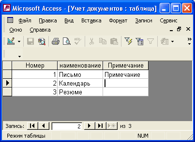 Представление данных в таблице "Учет документов" в режиме Таблицы