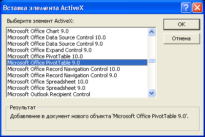 Диалоговое окно Вставка элемента ActiveX