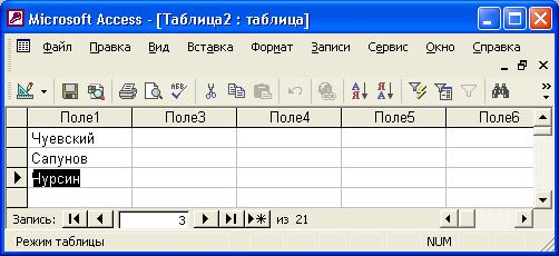 Создание таблицы путем ввода данных