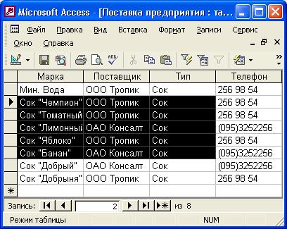 Выделенный диапазон ячеек в таблице Поставщики