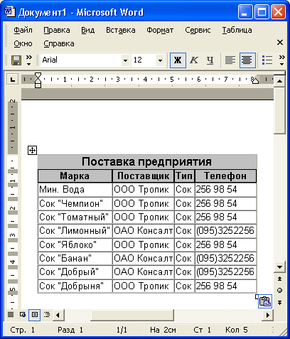 Данные, импортированные в документ Word для Windows в виде таблицы