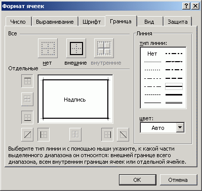 Диалоговое окно Формат ячеек, вкладка Граница.