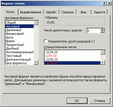 Диалоговое окно Формат ячеек