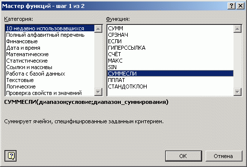 Диалоговое окно Мастер функций