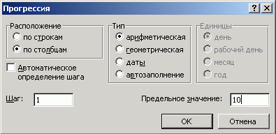 Диалоговое окно Прогрессия