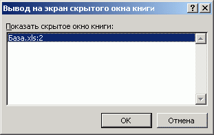 Диалоговое окно Вывод на экран скрытого окна книги