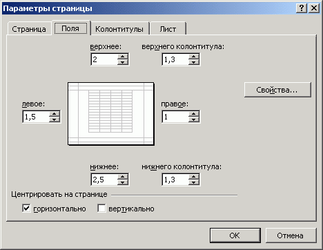 Диалоговое окно Параметры страницы, вкладка Поля