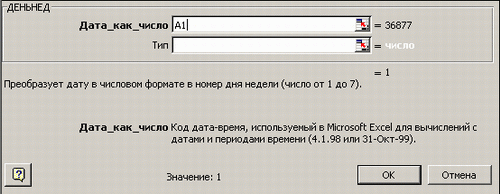 Панель функции ДЕНЬНЕД