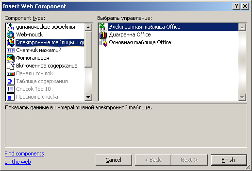 Диалоговое окно, используемое для размещения на странице Web-компонентов