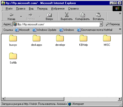Окно Microsoft Internet Explorer в режиме работы с FТР-сервером 