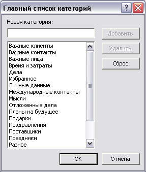 Диалоговое окно Главный список категорий
