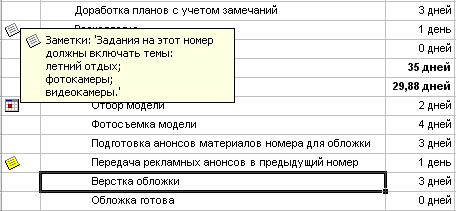 При наведении мыши на значок заметки отображается ее текст