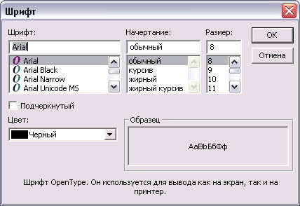 Диалоговое окно определения свойств шрифта
