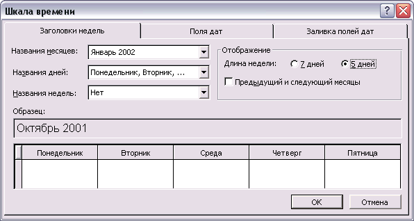 Диалоговое окно форматирования временной шкалы календаря, вкладка Week Headings (Заголовки)