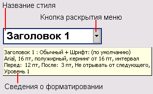 Информация о стиле, представленная в раскрывающемся окне