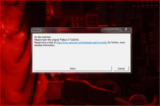 Окно ошибки SecuROM «Please insert the original Fallout 3»
