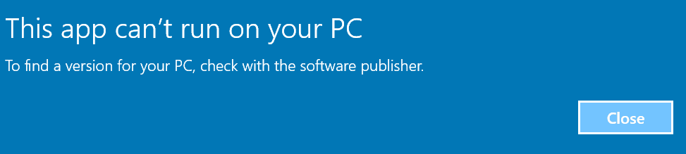 Ошибка «This app can`t run on your PC» при запуске 16-битного установщика